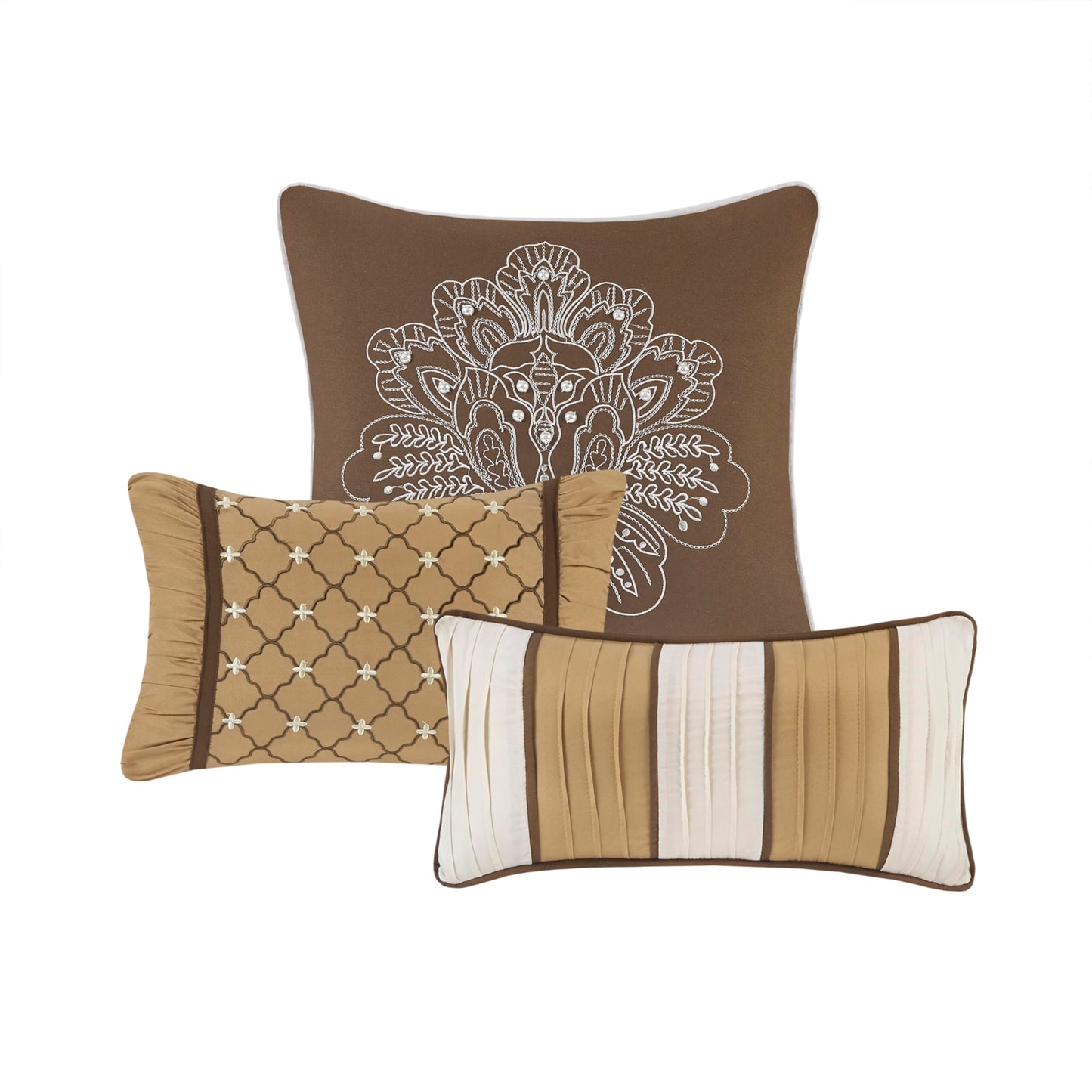 Madison Park Bellagio Cozy Comforter Set - Luxurious Jaquard Traditional Damask Design, All Season Down Alternative Bedding with Matching Shams, Decorative Pillow, Queen(90"x90"), Brown/Gold 7 Piece