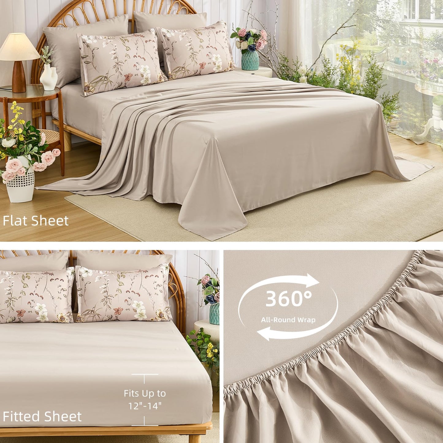 DJY King Size Comforter Set,Taupe Botanical Floral Bedding Comforter Sets King for All Seasons, 7 Pieces King Bed in a Bag Lightweight Microfiber Comforter Set with Sheets Pillowcases & Shams