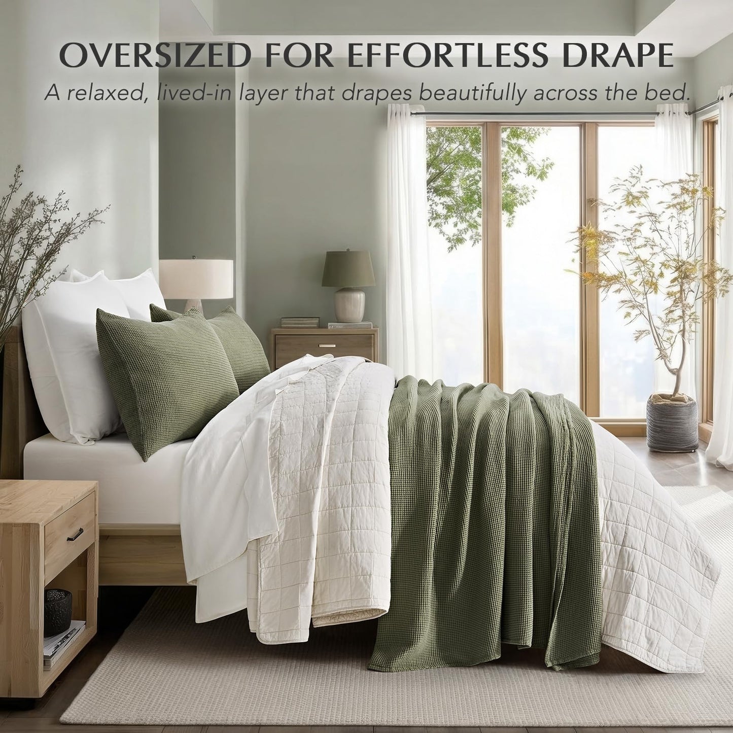 EverGrace 100% Cotton Waffle Bed Blanket Queen Size, Soft Premium Cotton Coverlet Set with 2 Matching Shams, Lightweight All Season Bedding Set, Oversized Bedspread 92x96, Olive Green