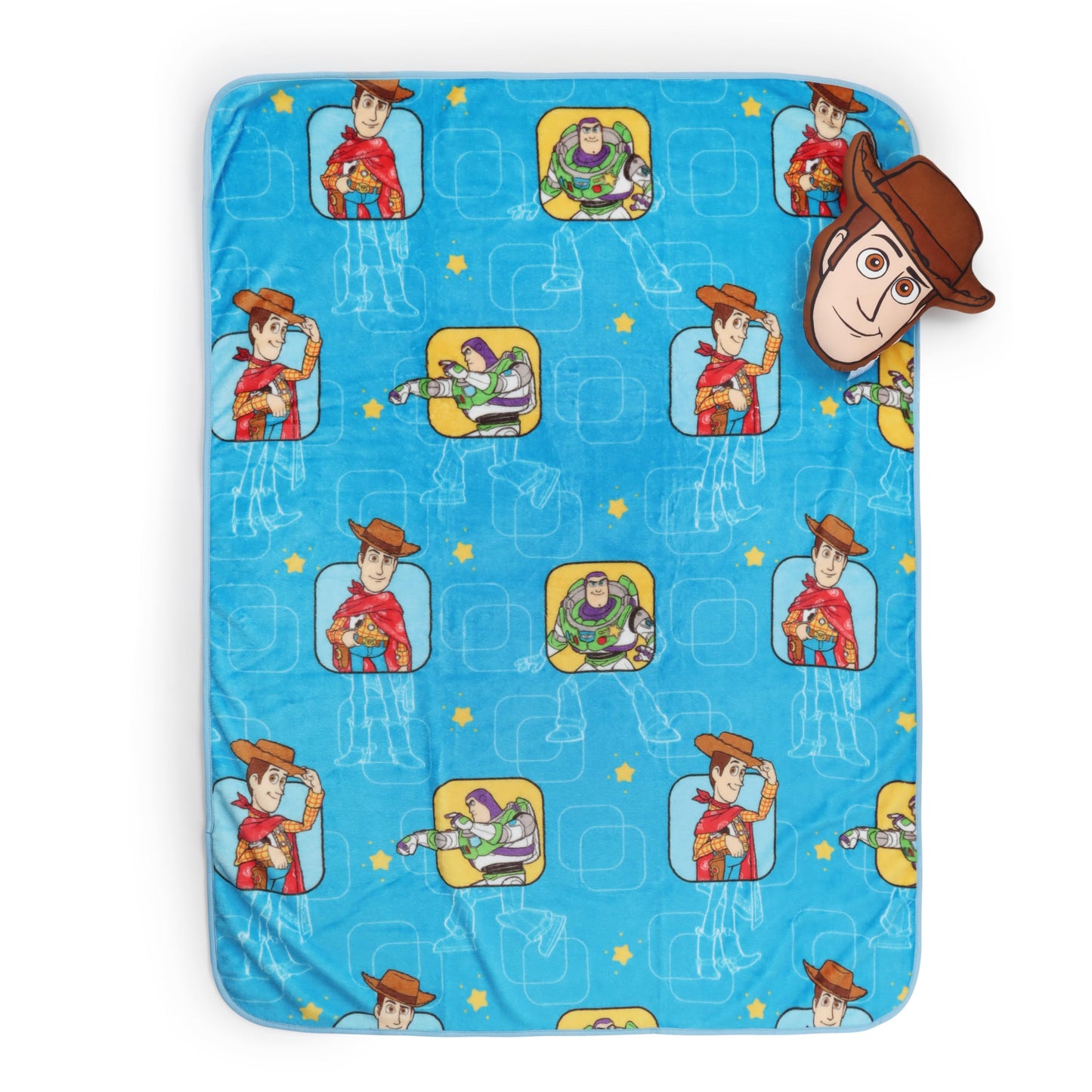 Jay Franco Kids Nogginz Set – 12" Inches Nogginz Pillow & 40" x 50" Inches Cozy Plush Throw Blanket, Ultra-Soft Character Nap Set for Travel, Bedroom & Couch Décor, Blue - Toy Story Woody