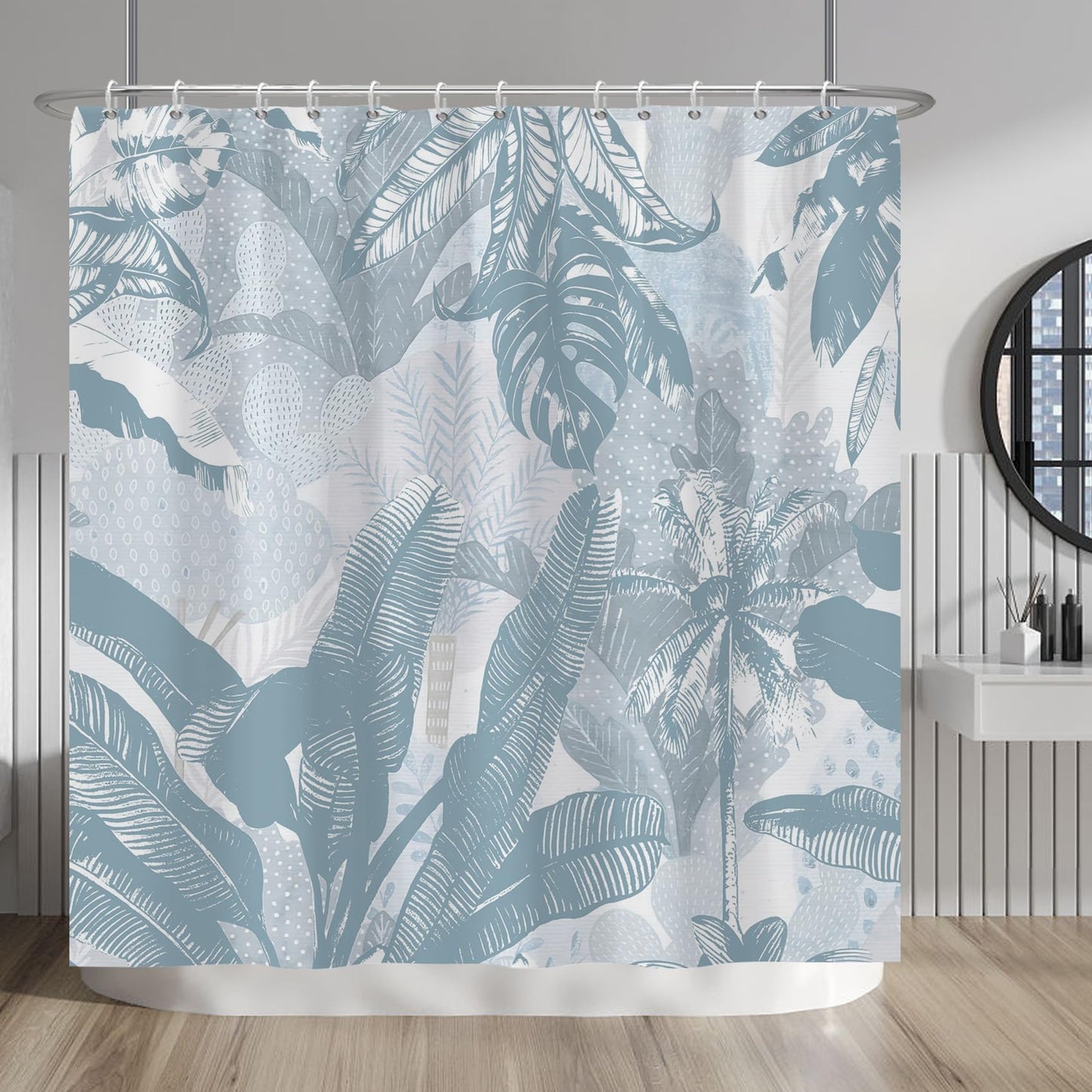 Baocicoo Palm Leaf Banana Leaves Shower Curtain - Baby Blue Tropical Boho Abstract for Family Bathroom - Waterproof Washable with Hooks - 72x72 Inches