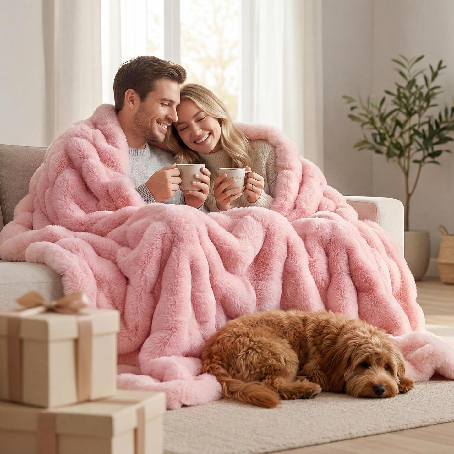 YIKUSH Faux Fur Throw Blanket for Couch, Blush Pink Fluffy Cozy Rabbit Bubble Fleece Blanket, Soft Fuzzy Blanket for Sofa & Bed, Warm Plush Thick Home Room Decor Throw 50" x 60"-1100GSM
