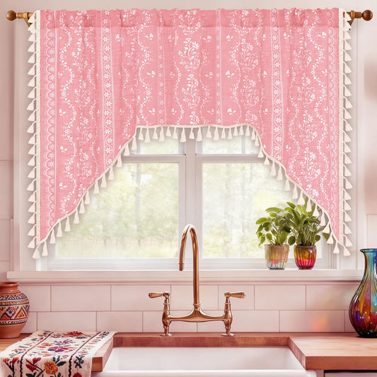 Yinhua Boho Swag Valance Curtains Vintage Linen Valances for Windows Light Filtering Floral Kitchen Valance Rod Pocket Farmhouse Rustic Tassel Window Valances for Bathroom Cafe, 60" W x 36" L, Pink