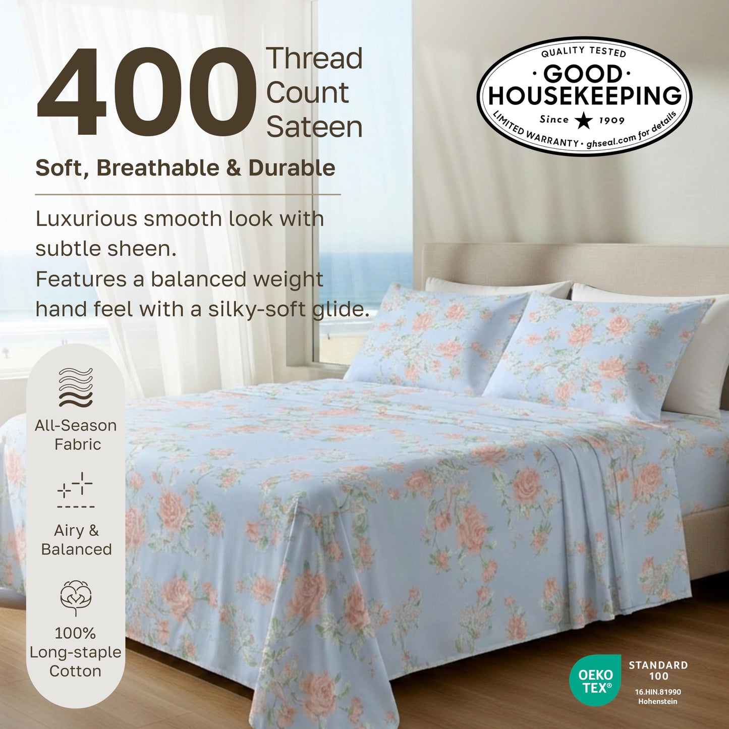 California Design Den Soft Cotton Bed Sheets Queen Size Set, 400 TC Good Housekeeping Award Winner, Smooth Sateen Finish with Deep Pockets, Cozy and Durable Queen Bedding Set - Floral Blue/Pink