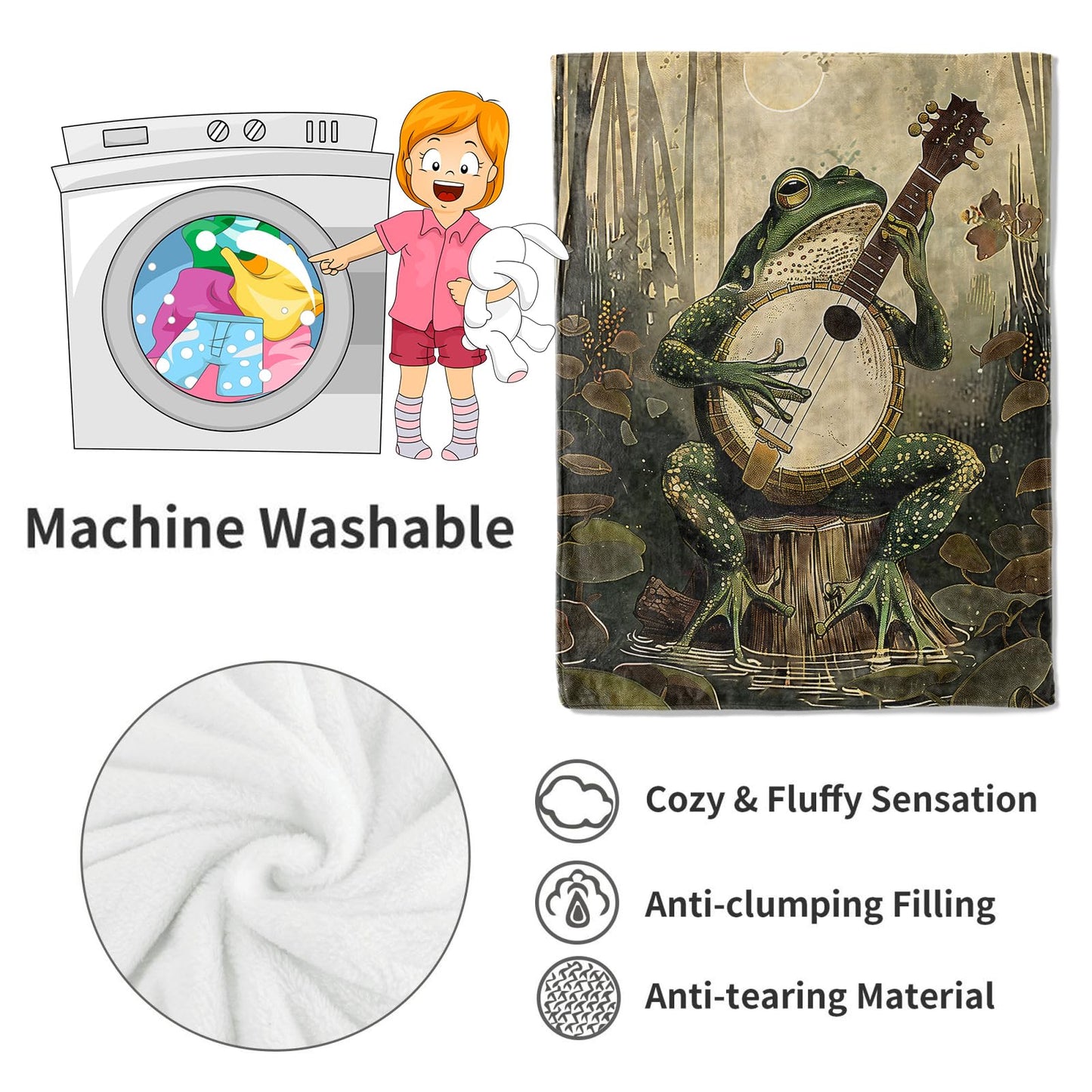 VODRM Banjo-Playing Frog Blanket Whimsical Woodland Throw Blankets with Musical Animal & Moonlit Swamp,Birthday Gifts for Kids Adult,Lightweight Soft Fleece,for Sofa Couch Bed Room Decor 50x60in