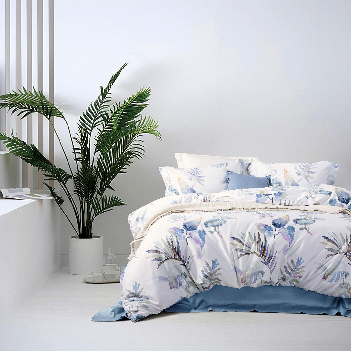 MILDLY Floral Duvet Cover Set - 100% Long-Staple Cotton Palm Leaf Pattern Printed Comforter Cover 3pcs Soft Breathable Luxury Bedding for All Season