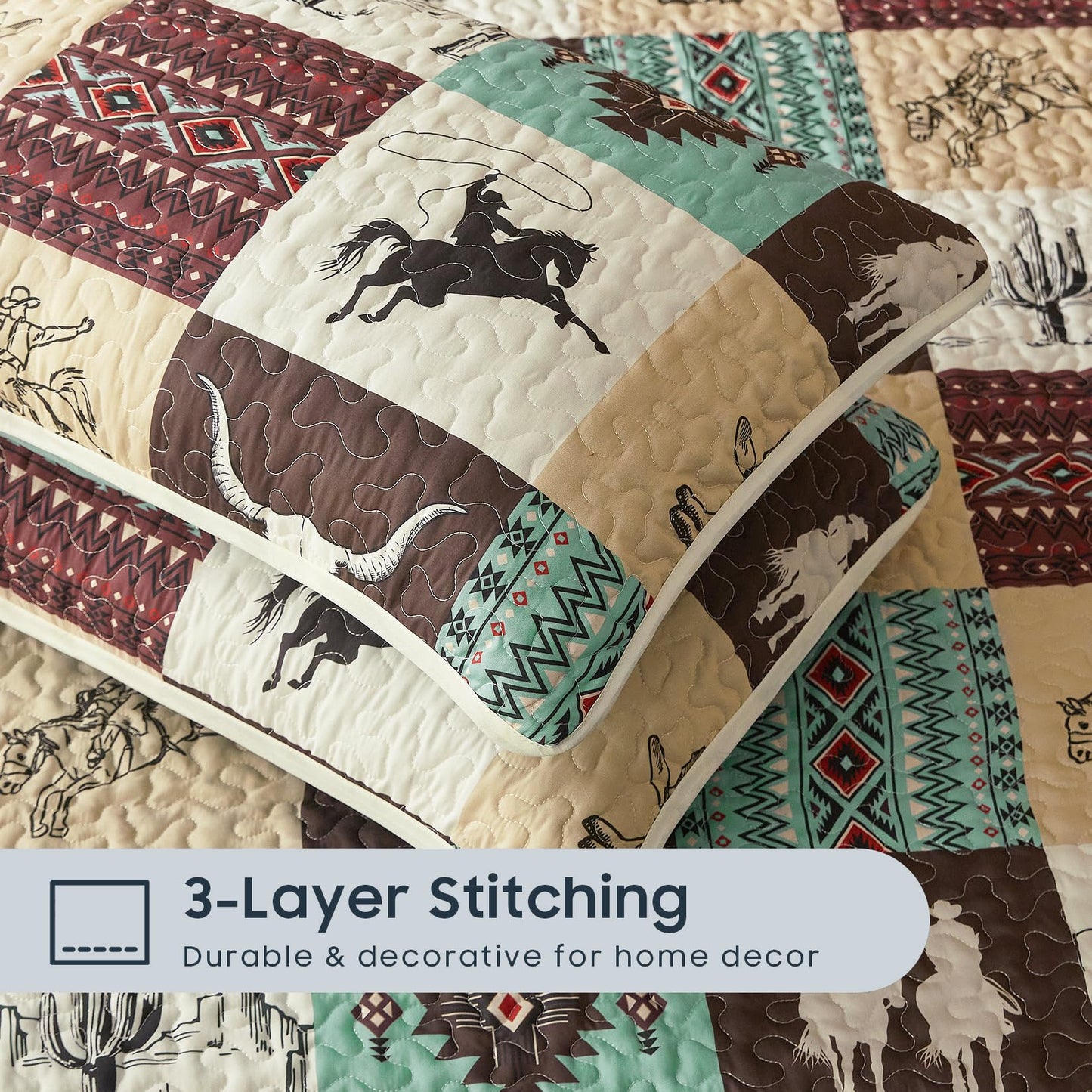 Wake In Cloud - Western Quilt Set, Southwestern Aztec Country Horse Cowboy Rustic Ranch Pattern Printed, Reversible Lightweight Bedspread Coverlet, 3 Pieces, Turquoise Taupe, Queen/Full Size