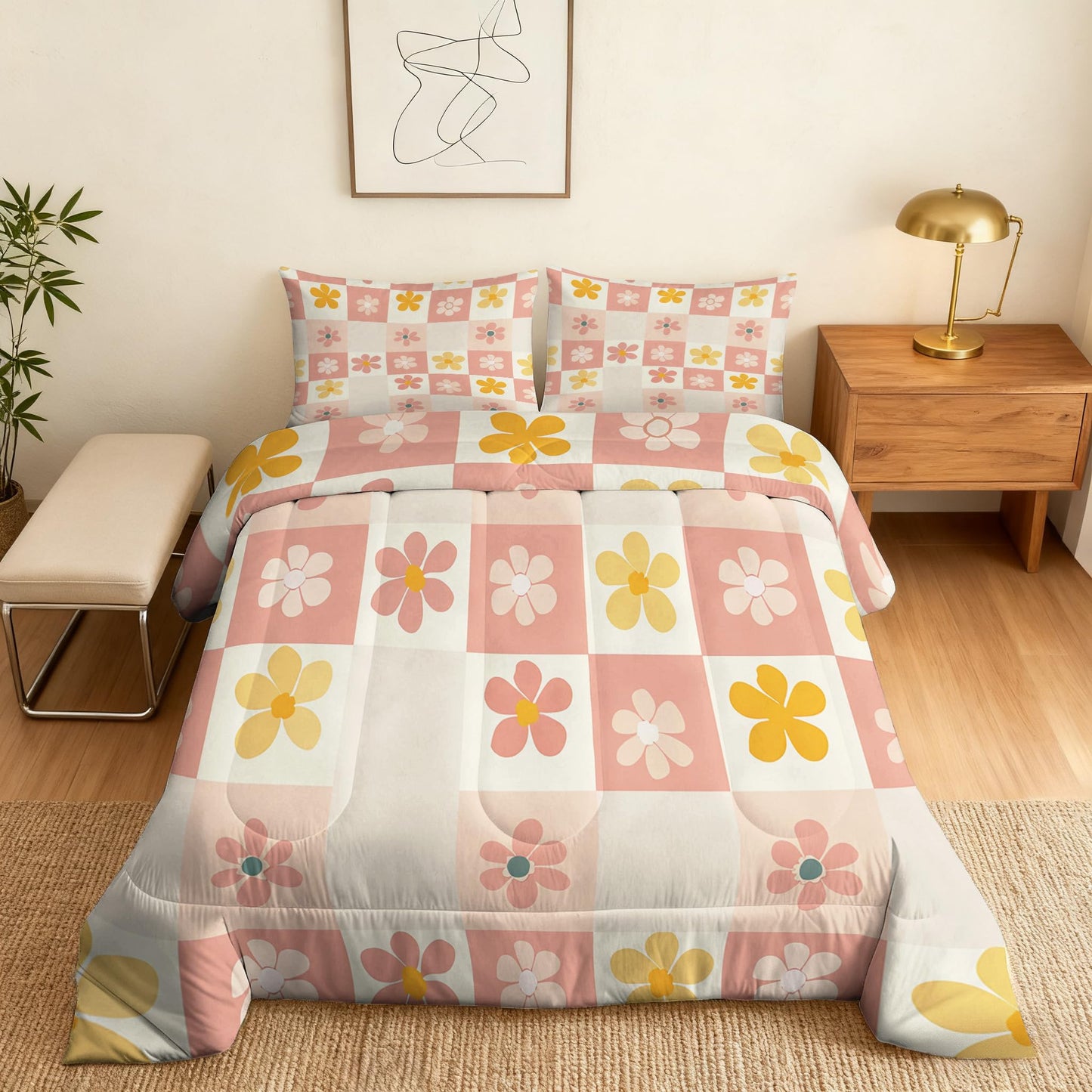 TANCAPRIUM Retro Floral Comforter Set Twin - 70s Flower Bedding Set & 2 Pilow Cases for All Season - Soft Reversible Down Alternative 3 Piece. Retro Bedrom Decor