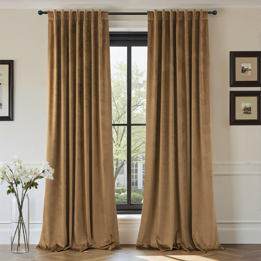 Velvet Curtains 84 Inch Length 2 Panels Set Gold Brown Light Blocking Thermal Insulated Room Darkening Window Drapes Soft Luxury Curtain for Living Room Bedroom Back Tab Pleated Pocket 7ft Long Golden