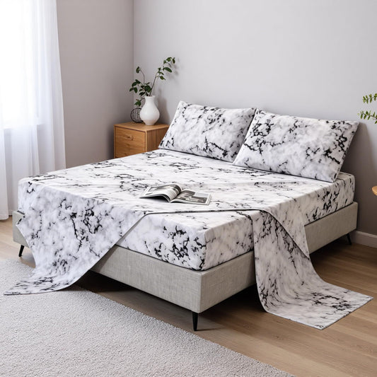 MAG Marble Bed Sheet, 4PC Black White and Gray, Full Size Modern Pattern Printed Bedding Sheet Set with 1 Top Flat & 1 Fitted Sheet with 2 Pillowcases, 14” Deep