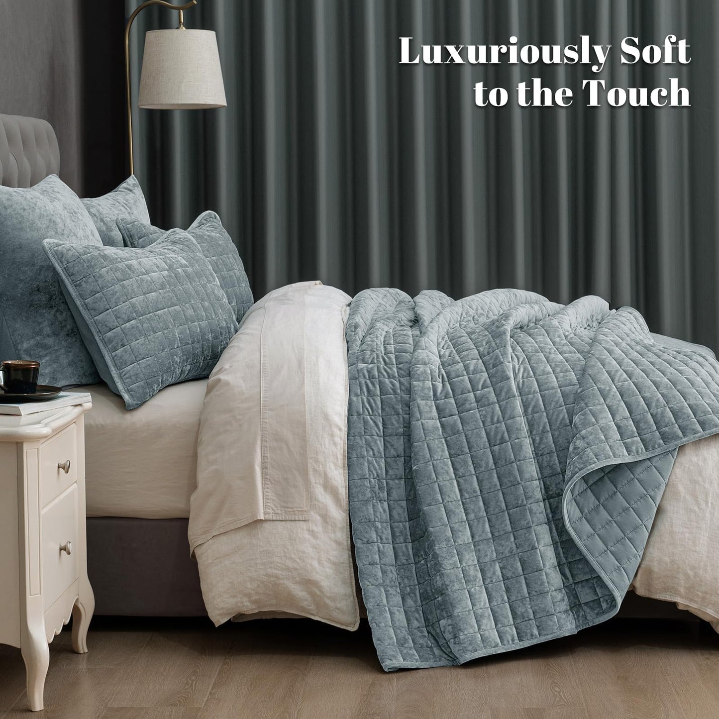 PHF Luxurious Velvet Quilt Set Queen Size – 3PCS Super Soft Quilted Comforter Alternative with Square-Box Quilt Pattern, Warm Quilted Bedspread Coverlet, 90" x 92", Dusty Blue