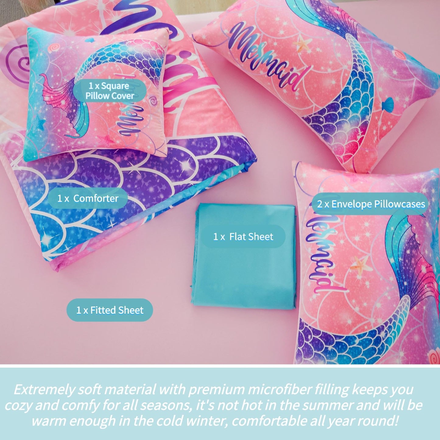 RYNGHIPY Mermaid Kids Girls Comforter Set Twin Size Pink Blue Gradient Fish Tail Bed in a Bag - Includes Comforter & Sheet Set for Teens Girls Super Soft Kids Bedding