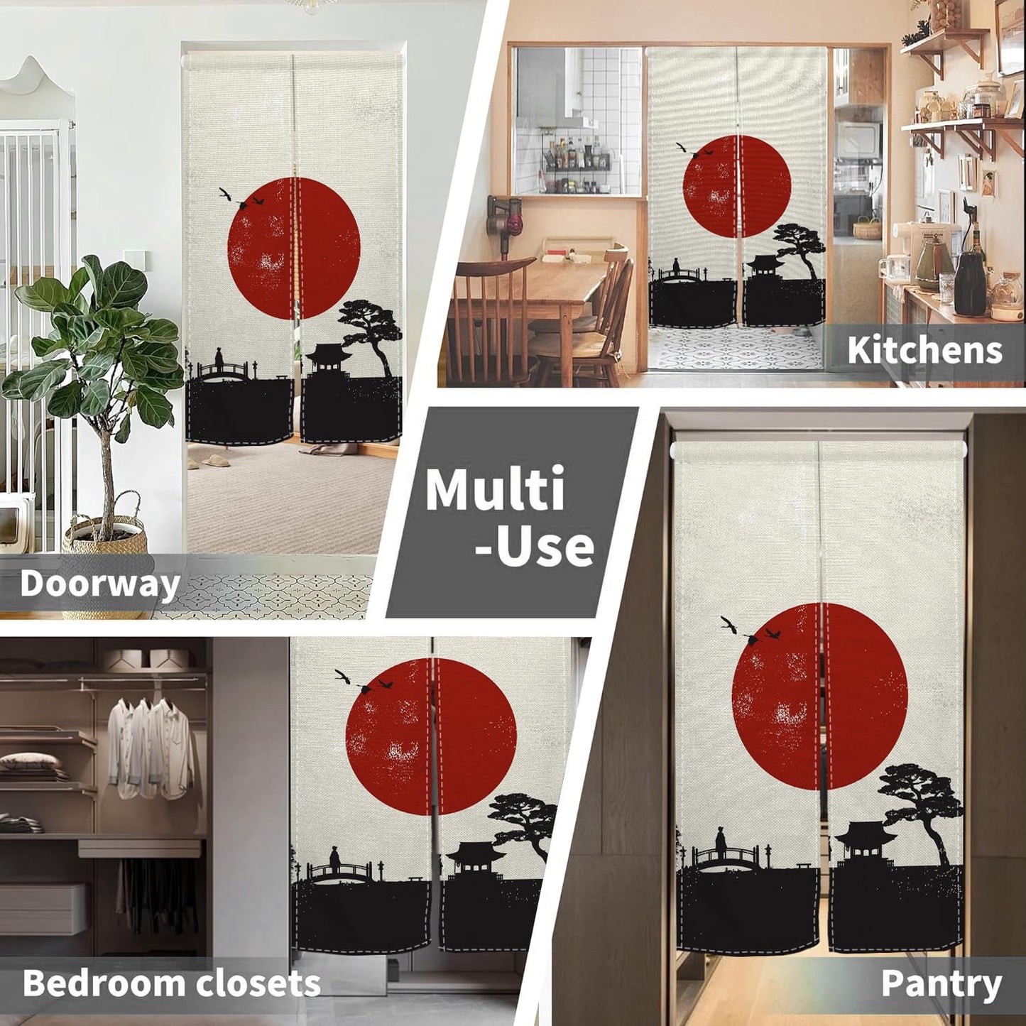 Leowefowa Japanese Doorway Curtain Noren Traditional Japan Feng Shui Window Treatment Ink Warrior Sun Printed Door Tapestry for Wall Hanging Bedroom Divider Kitchen Home Bar Decorations, 33.5"x 70.9"
