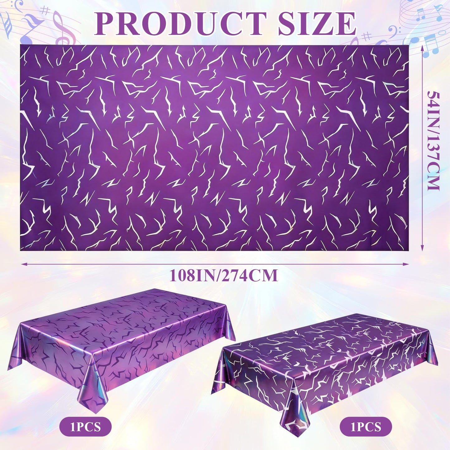 2 Pack Iridescent Holographic Laser Tablecloths, Purple Lightning Demon Energy Table Covers, Disposable Waterproof Birthday Plastic Table Covers for Girls Korean Idol Themed Disco Bachelorette Party