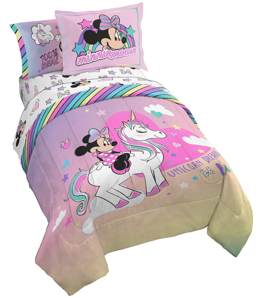 Jay Franco Disney Minnie Mouse Unicorn Dreams 7 Piece Full Bed Set - Includes Reversible Comforter & Sheet Set Bedding - Super Soft Fade Resistant Microfiber - (Official Disney Product)