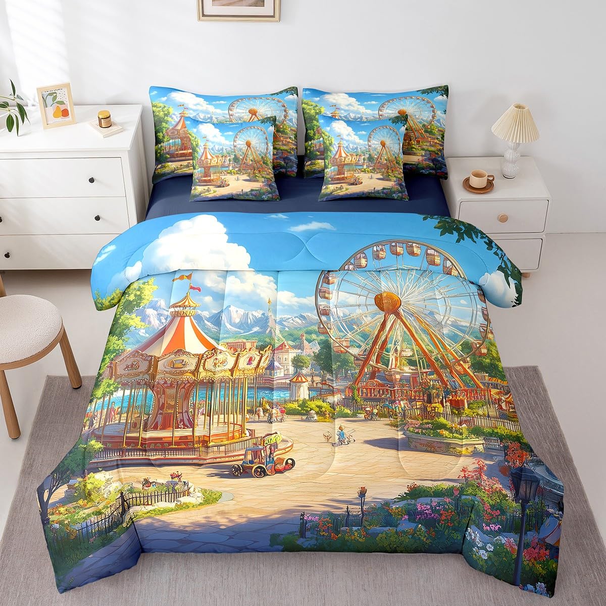 Erosebridal Ferris Wheel 7 Pcs Comforter Set Queen Size,Amusement Park Bed in a Bag with Flat Sheet and Fitted Sheet for Kids Teens Adult,Carousel Bedding Set with Pillowcase and Sham Reversible