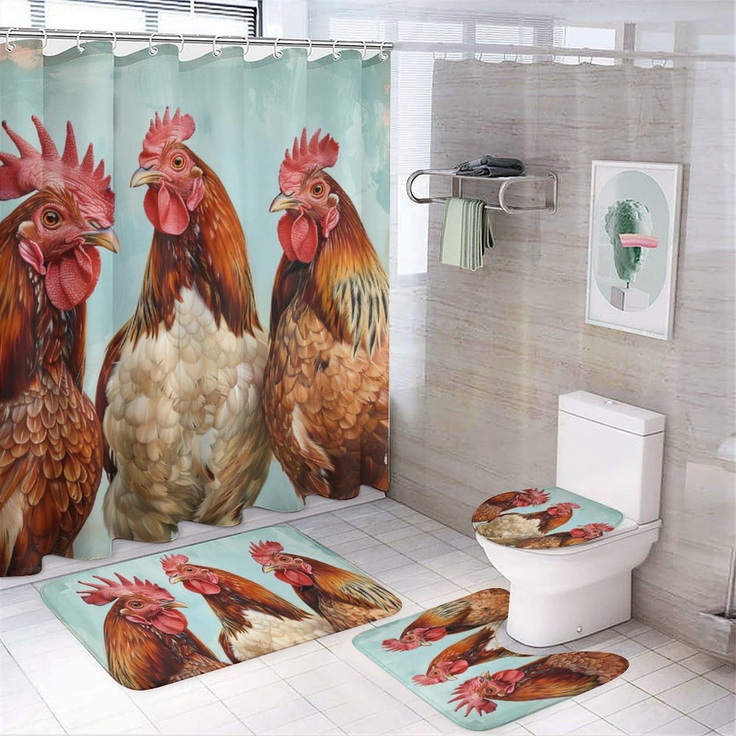 FOCCAFB 4PCS Modern Animals Bathroom Set with Rugs and Toilet Lid Cover Rustic Farmhouse Chicken Waterproof Shower Curtain Set for Bathroom Decor