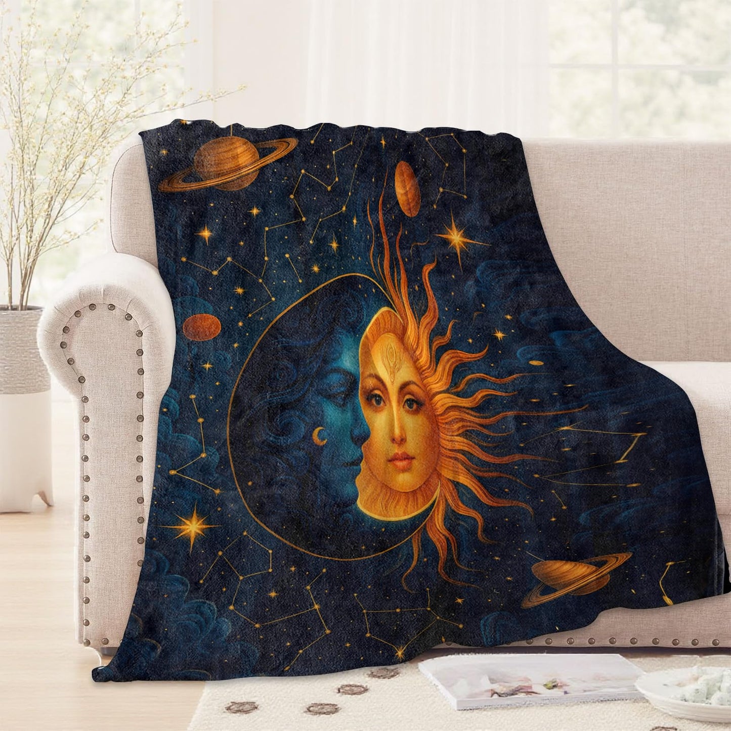 WKEDIN Celestial Sun and Moon Blanket,50x60in,Cozy Flannel Throw with Mystical Cosmic Star Planet Constellation Design,Soft Lightweight Gifts Blankets for Women,Sofa Bed Travel Camping Decor