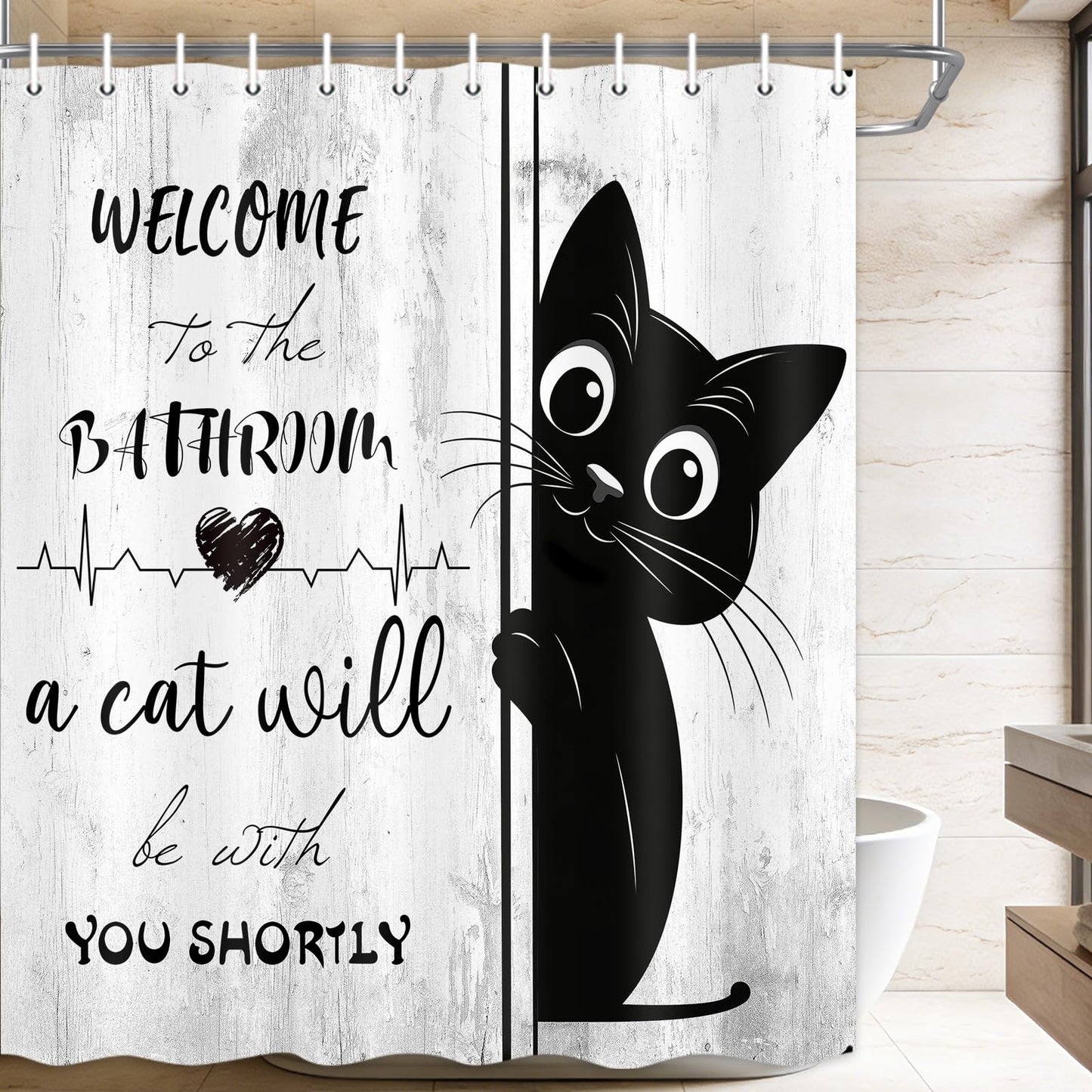 JAWO Funny Black Cat Shower Curtain, Welcome to The Bathroom Rustic Farmhouse Fabric Shower Curtain Set with Hooks, Cute Kitten Animal Waterproof Bath Curtain for Bathroom Decor,12pcs Hooks,69X70 in