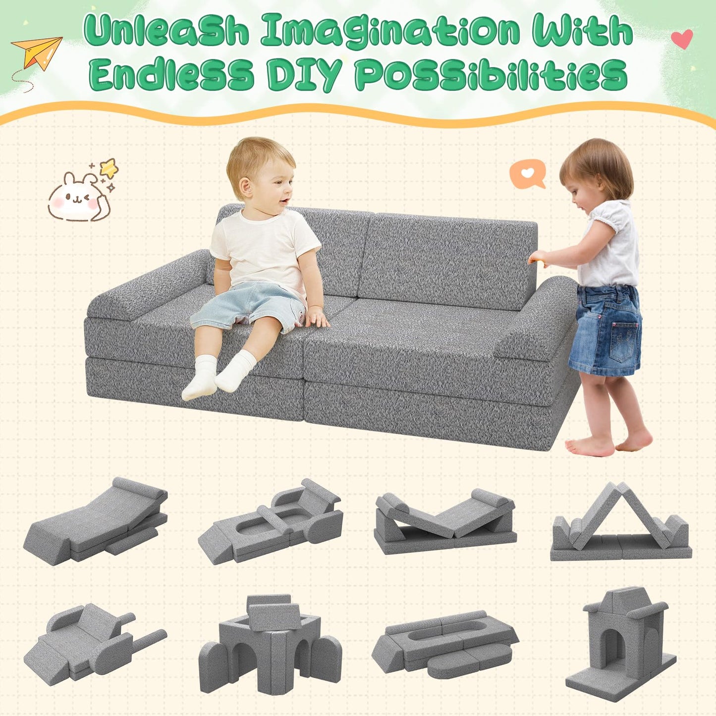 GoFujuco Modular Kids Play Couch with Washable Covers – Foam Toddler Sofa for Creative Play, Climbing, and Lounging – Convertible Kid Sofa Play Furniture for Kids Room or Nursery (Grey)