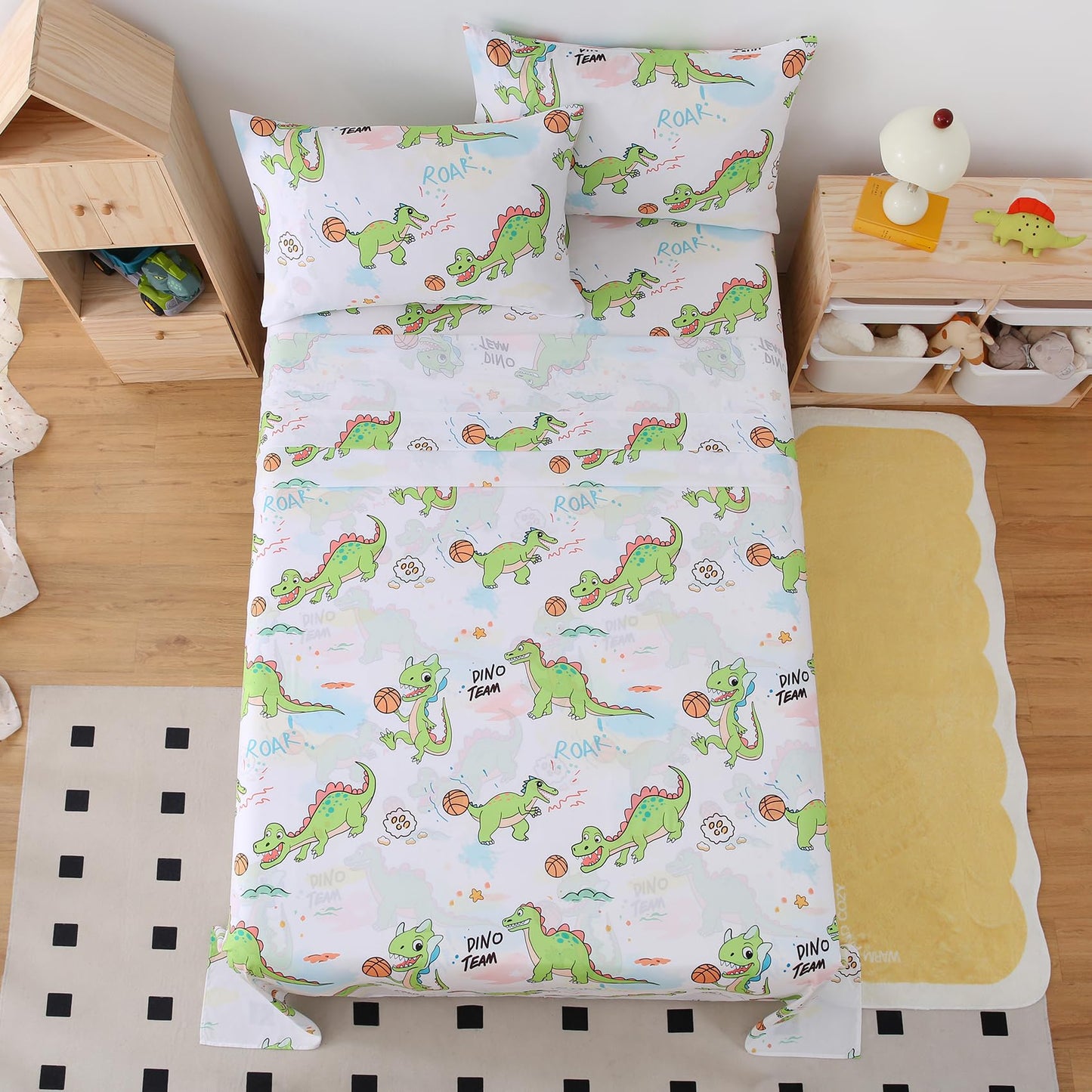 Yibeizi Full Size Sheets Set Kids, Dinosaur Pattern Microfiber Double Bed Sheets, Cute Soft Oeko-Tex Extra Deep Pocket Sheets & Pillowcases Cooling Hypoallergenic Wrinkle Free Bedsheets