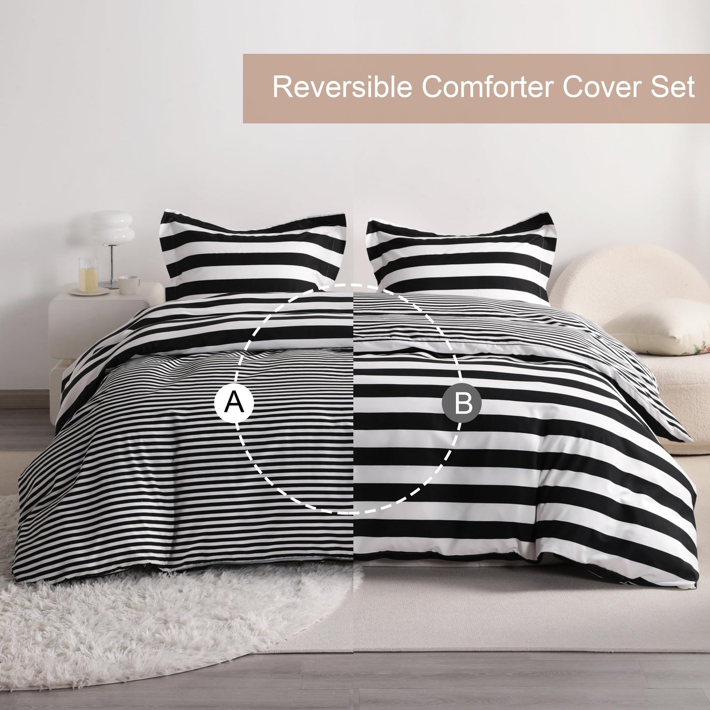 NTBAY 3 Pieces Duvet Cover Set Queen Size, Reversible Zipper Comforter Cover with 4 Corner Ties and 2 Pillow Shams, Soft Brushed Microfiber Comforter Cover Set with Black and White Striped Printed