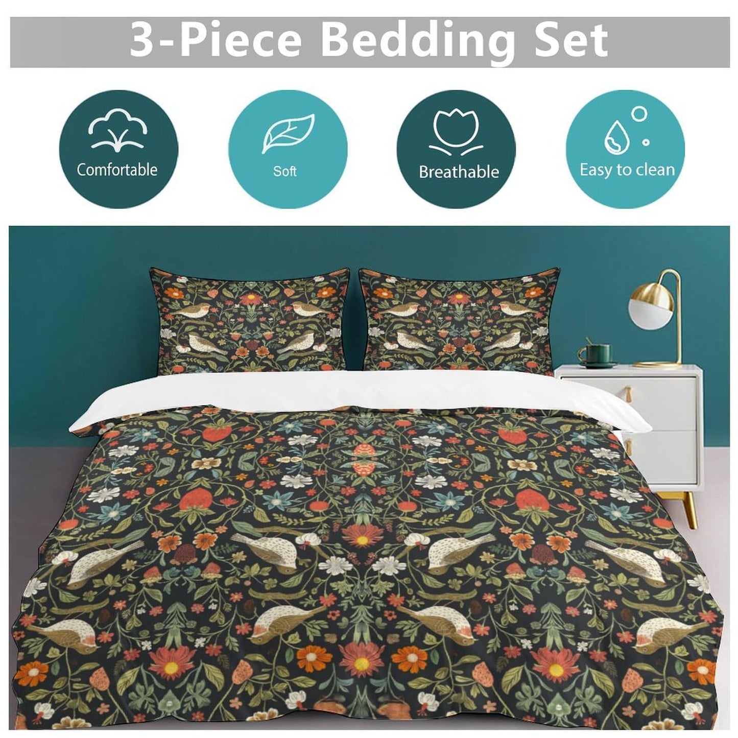 AAVEUP William Morris Comforter Set Bedding Bed 3 Piece Set,Vintage Rustic Antique Art Nature Green Plant Flower Leaf Bird Printed Cover All Season Bed Sheet Bedspread 2 Pillowcases 79x90 in