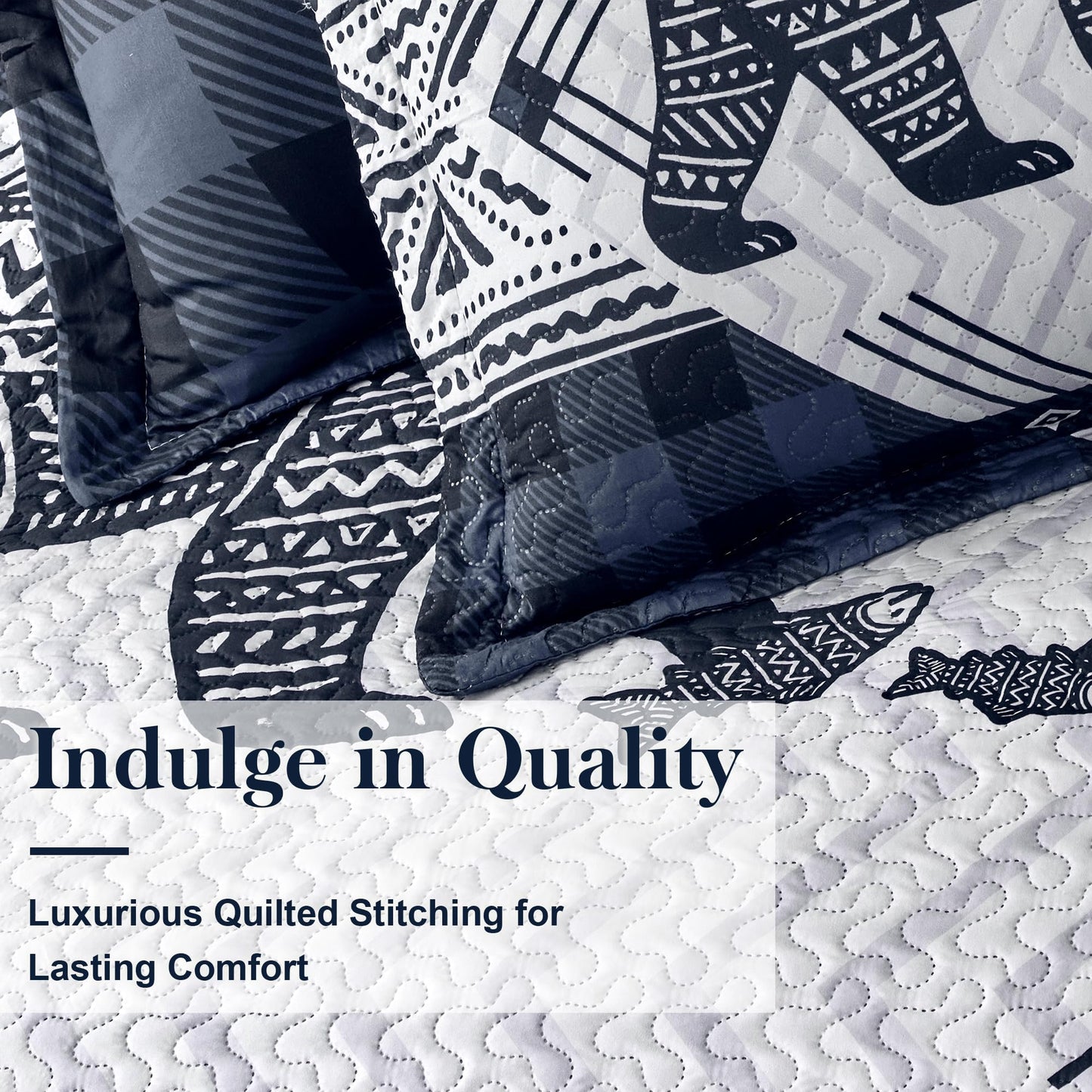 3 Piece Cabin Full/Queen Quilt Sets Farmhouse Rustic Reversible Microfiber Soft Lightweight Bedspread Comforter with 2 Shams Patchwork Country Lodge Bedding Quilts Set for All Season, 90''x96'' , Blue