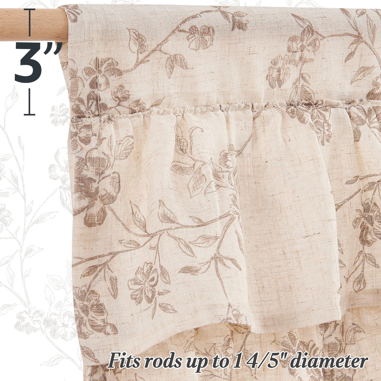 jinchan Ruffled Floral Valance Curtain Shabbychic Linen Window Valance 18 Inch Farmhouse Rustic Window Treatment for Kitchen Bedroom Living Room Rod Pocket 1 Panel Taupe on Linen
