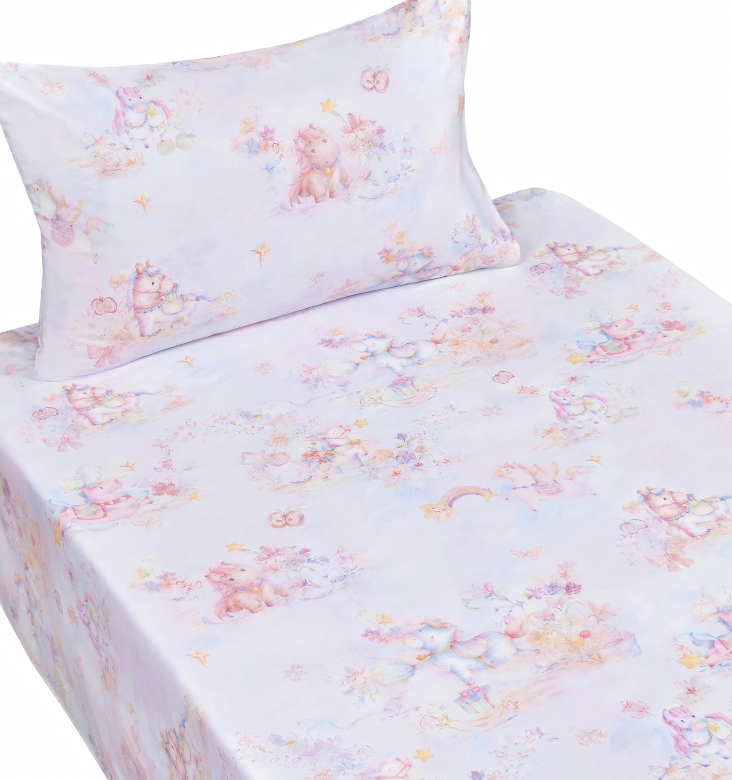Scientific Sleep Pastel Unicorn Pony Horse Flower Fairy Tale Cute Adorable Colourful 100% Cotton Bed Sheet Set Kids Girls Junior, Flat Sheet & Fitted Sheet & Pillowcase Bedding Set (Pretty Pony, Twin)
