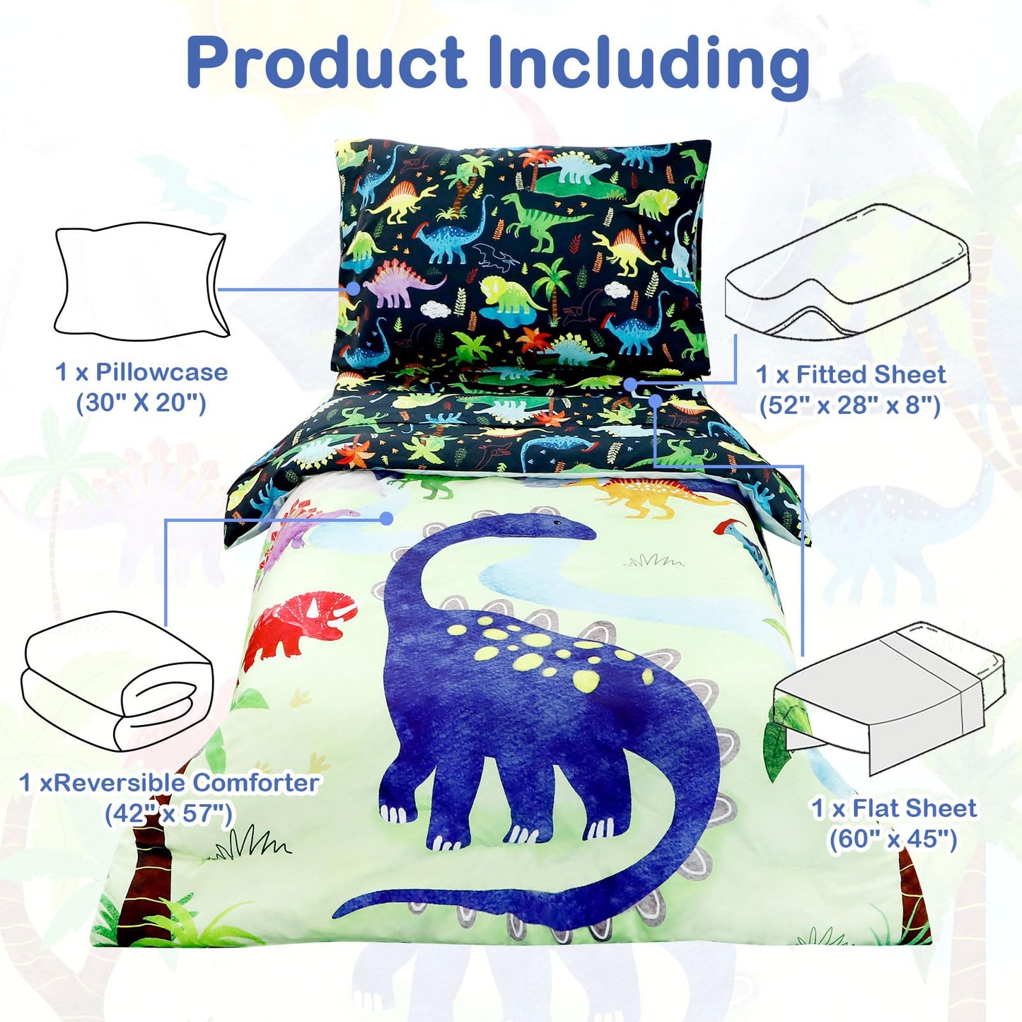 DAYEEBALL 4 Piece Toddler Bedding Set, Ultra Soft and Breathable Cartoon Dinosaur Toddler Comforter Sets for Boys Includes Quilted Comforter, Fitted Sheet, Flat Sheet and Pillowcase