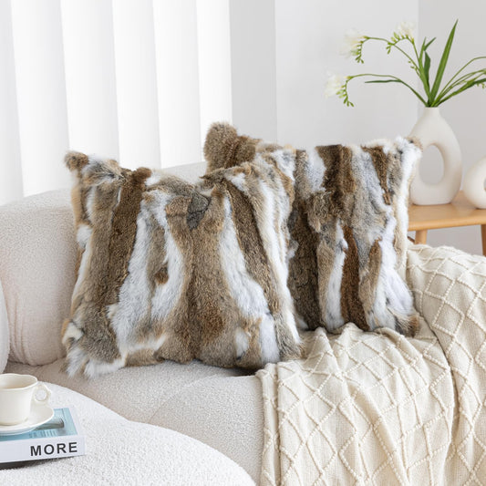ROSE FEATHER Genuine Rabbit Fur Pillow Covers Set of 2,Luxury Decorative Throw Pillowcases Fluffy Animal Skin Accents Bolster Cushion Cover for Couch Sofa Bedroom Living Room Home,18x18 inch,Yellow
