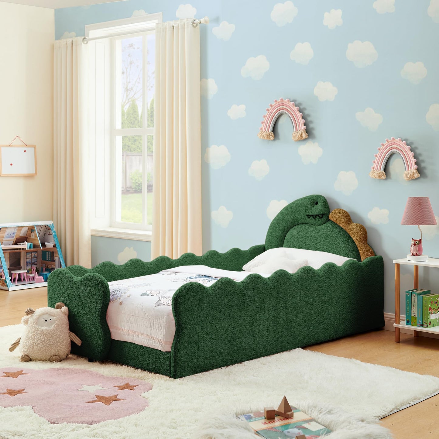 KEIKI Twin Size Upholstered Platform Bed Frame with Cute Dinosaur-Shaped Headboard, for Boys and Girls, Boucle Bed with Thickened Guardrail and Slats, No Box Spring Required, Easy Assembly, Green