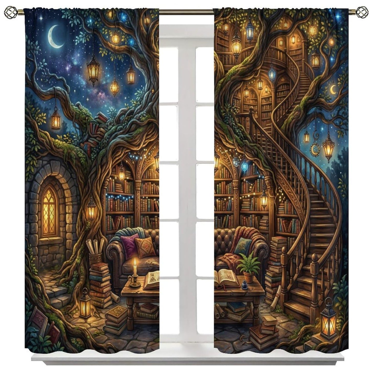 PHTAYOT Fantasy Magical Library Short Curtains,Tree of Life & Magic Bookshelf Decor Window Drapes for Small Windows,2 Panels,42x45 Inch