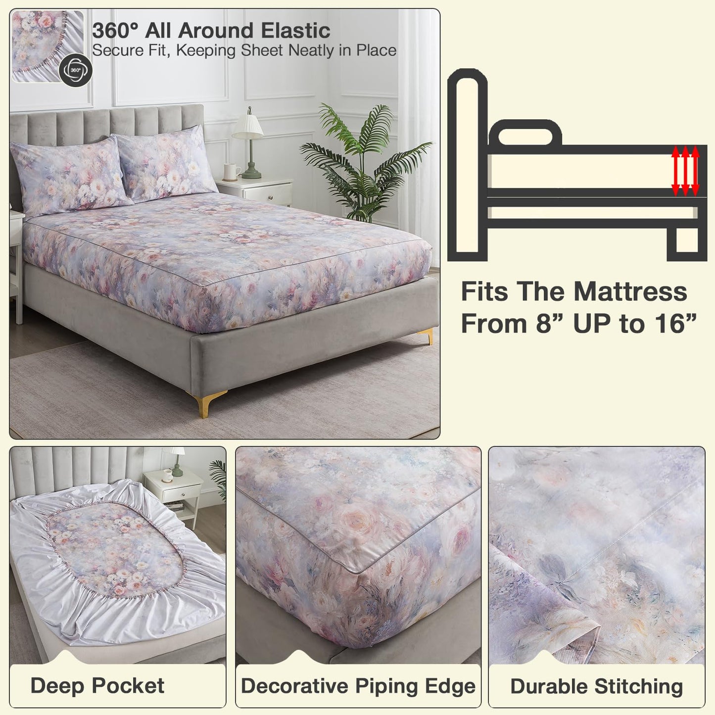 Puralens Vintage Floral Percale Sheets, Queen 100% Cotton Shabby Chic Sheet Set, Soft Crisp Purple Flower Bed Sheets, Cozy House Bedding, Deep Pocket Fitted Sheet, White Pink Rose Patterned, 4Pcs