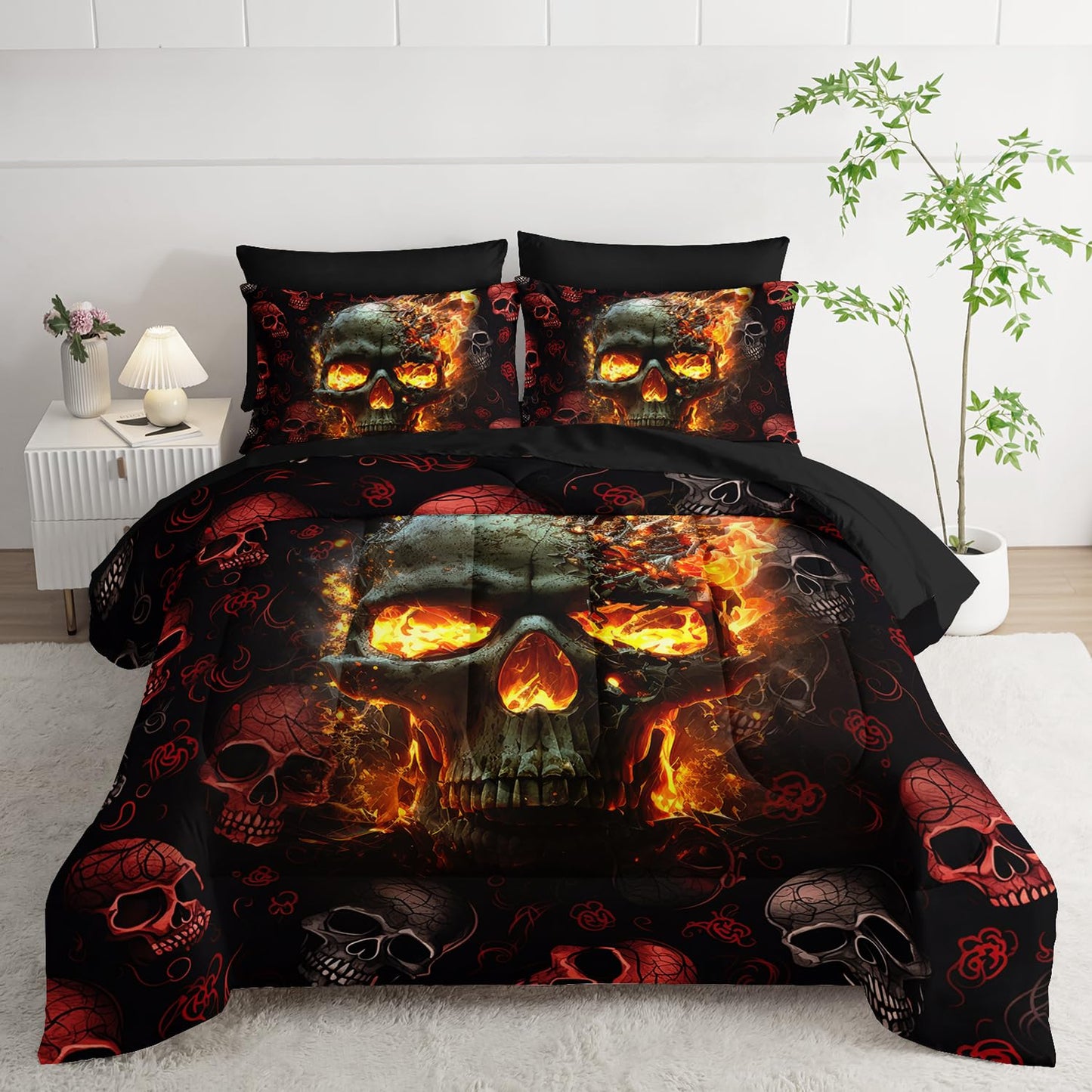 AILONEN 7-Piece Fire Skull Comforter Sets Full Size,3D Skeleton Bedding Set for Kids Boys Teens,Fiery Style Black Tint Comforter & Fitted Sheet with Flat Sheet & 2 Pillowcases,2 Pillow Shams