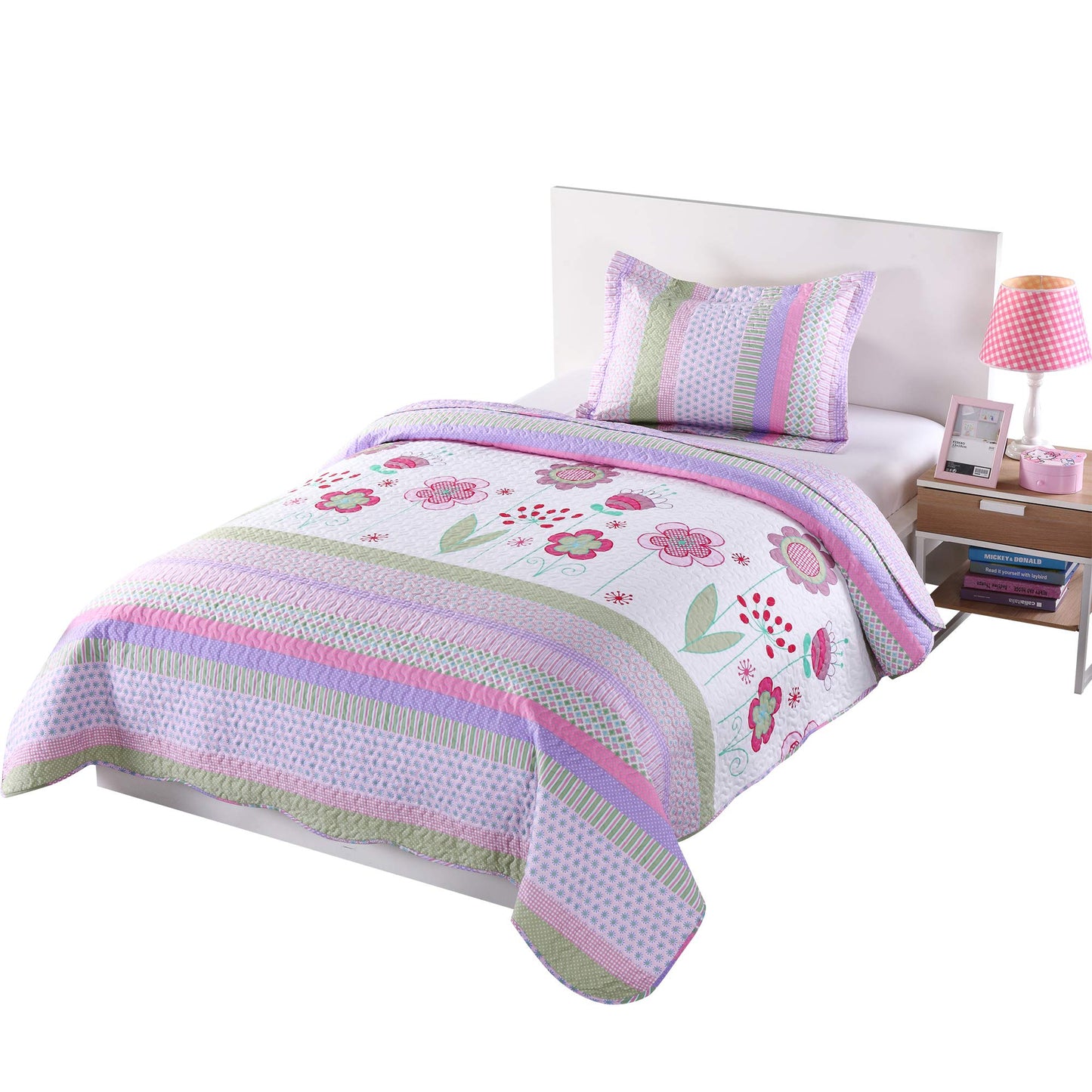 MarCielo 2 Piece Kids Bedspread Quilts Set Throw Blanket for Teens Girls Bed Printed Bedding Coverlet, Twin Size, Purple Floral Striped (Twin)