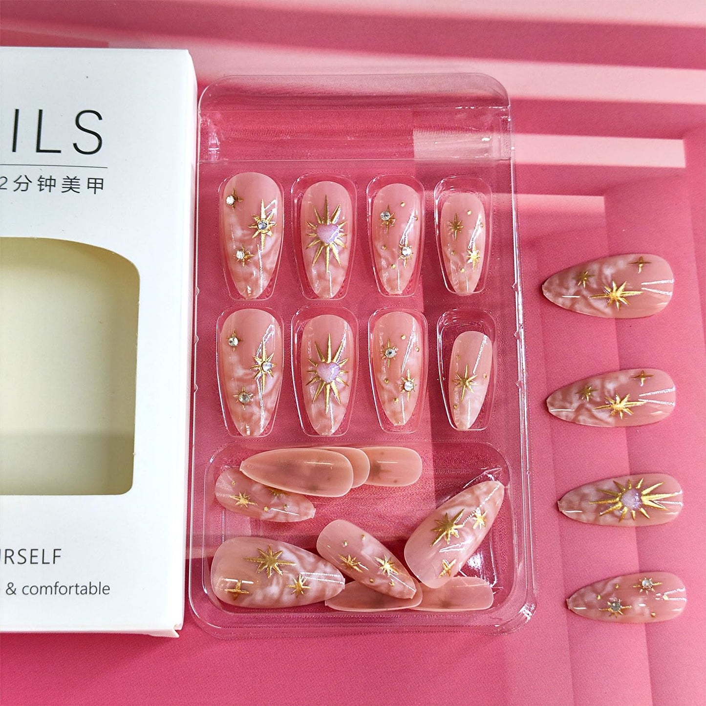Gold Press on Nails Medium Almond Fake Nails with 3D Star Sun Heart Rhinestones Designs Gradient Glue on Nail Reusable Artificial Acrylic Full Cover Stick on False Nail for Women 24 Pcs