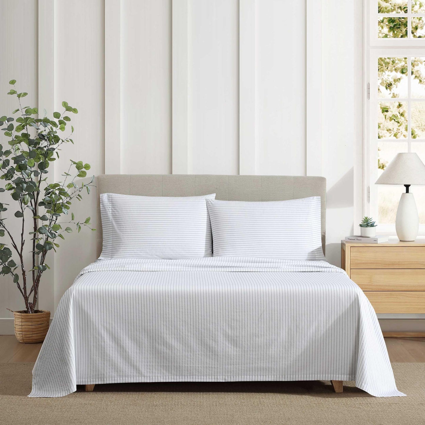Eddie Bauer - Twin Size Sheet Set, 100% Cotton Percale Bedding, Crisp & Breathable Bed Sheets with Pillowcase, Fully Elastic Fitted Sheet, Deep Pocket Fit (Arden Stripe Grey)