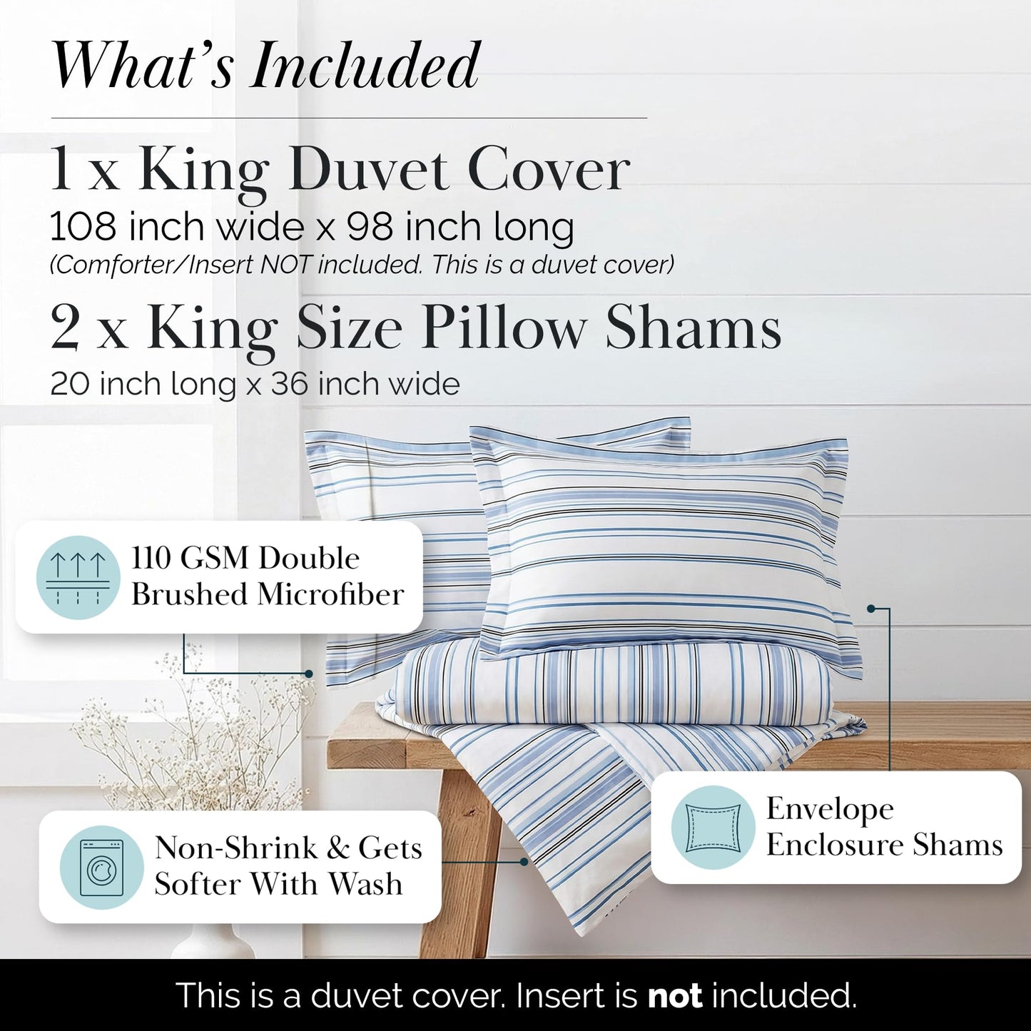 Southshore Fine Living, Inc. Oversized King Coastal Duvet Cover Set, Blue and White California King Duvet Cover, Reversible Bedding Set for Beach Theme Rooms, 2 Pillow Shams - Coastal Stripe Blue