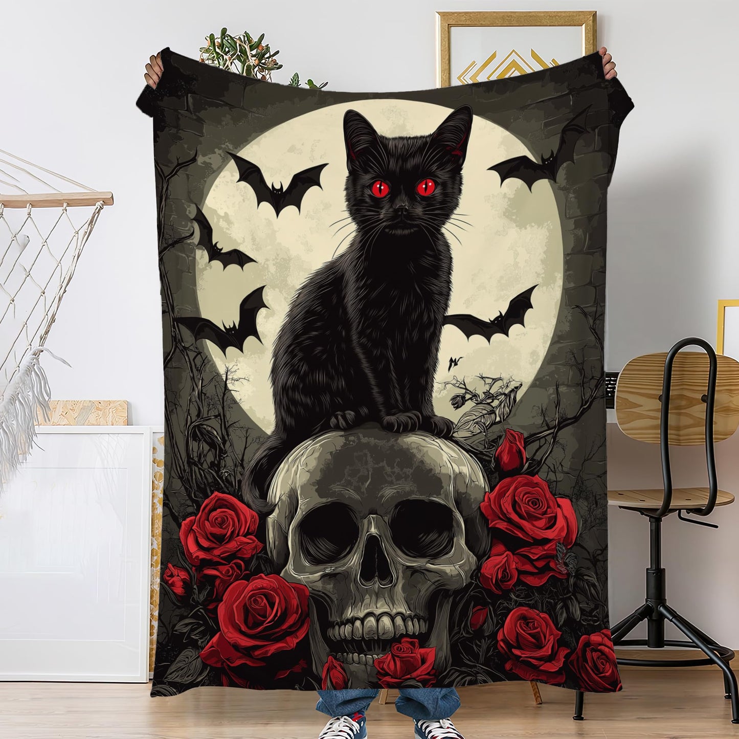 Black Cat Sofa Throw Blankets,Gothic Skull Bats Flower Soft Cozy Fuzzy Lightweight Travel Blanket,Flannel Fleece Fall Throw Blanket for Couch,Bed,Camping,Movie Nights,Watching TV 50 X 60 Inch