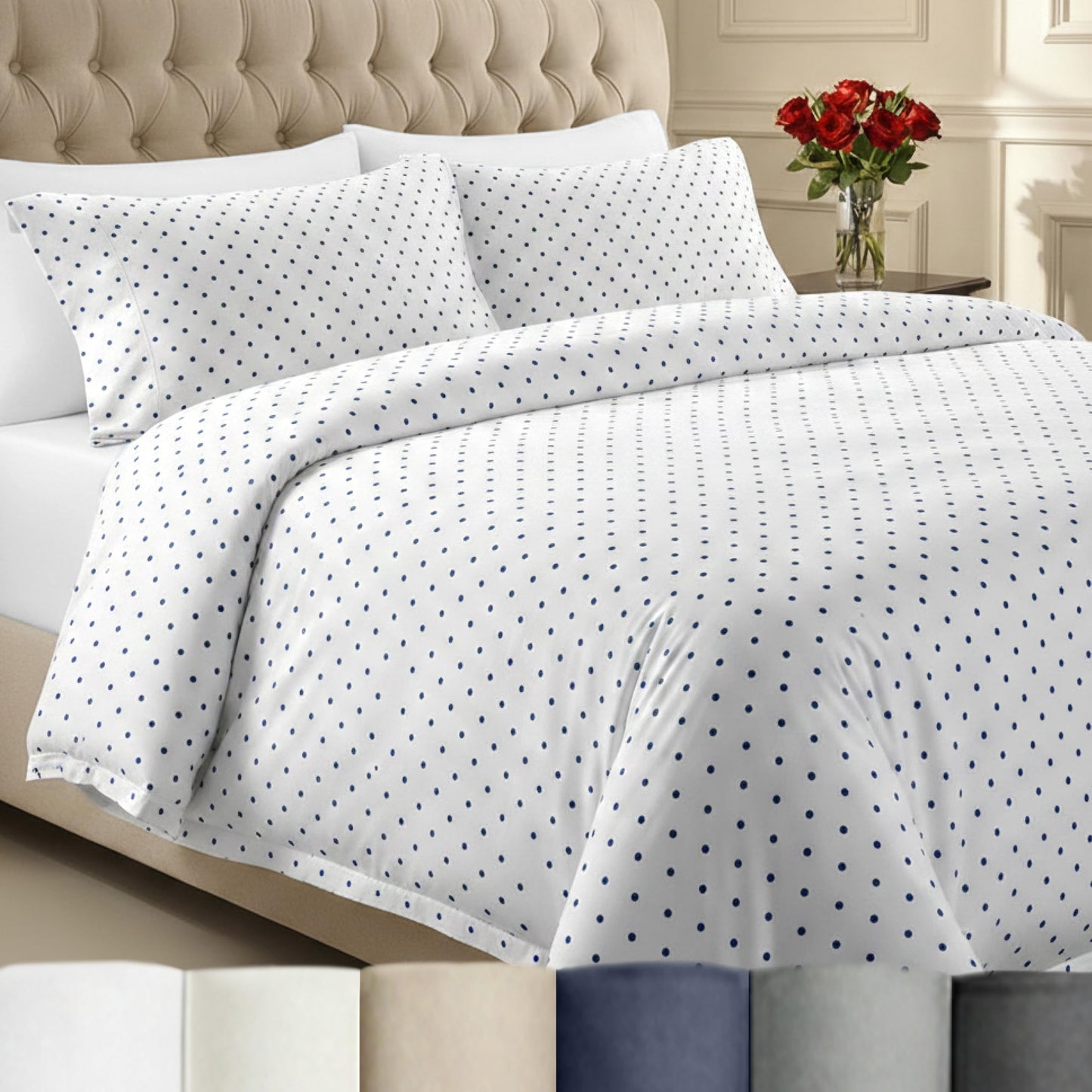 California Design Den Printed King Size Duvet Cover Set - 400 Thread Count 100% Cotton Sateen, Comforter Cover and 2 Pillow Shams, Button Closure and Corner Ties (3 Piece, Polka Dot)