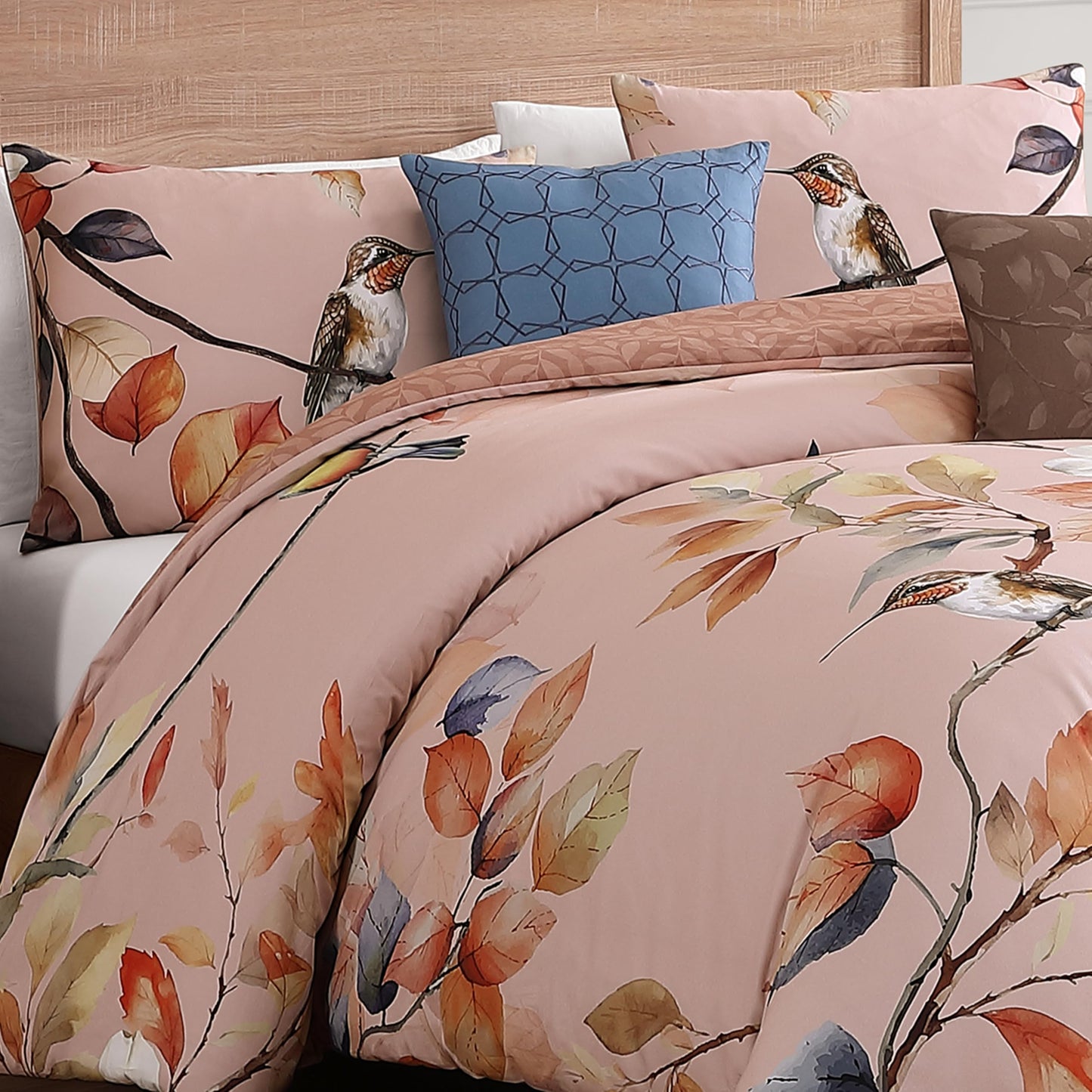 Bebejan Peachy Dogwood 5 Piece Comforter Set, 100% Cotton Sateen, 220 Thread Count, Pink Reversible Bedding Comforter Set, 1 Comforter, 2 Shams & 2 Pillows (King/Cal King)