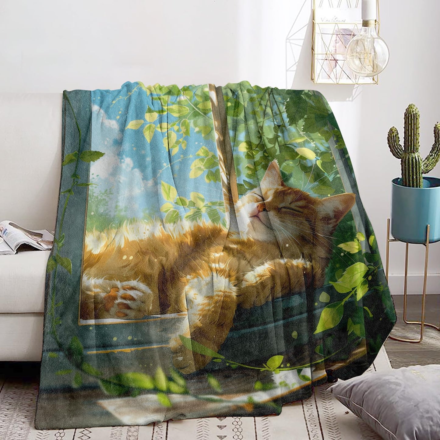 Bidesk Sunny Cat Blanket Cozy Soft Flannel Throw Blanket - Lightweight & Warm Cat Lounging in Sunlight Blankets for Couch, Bed, Travel, Fuzzy Outdoor Comfort Wrap, for Women Adults Kids 60"×50"