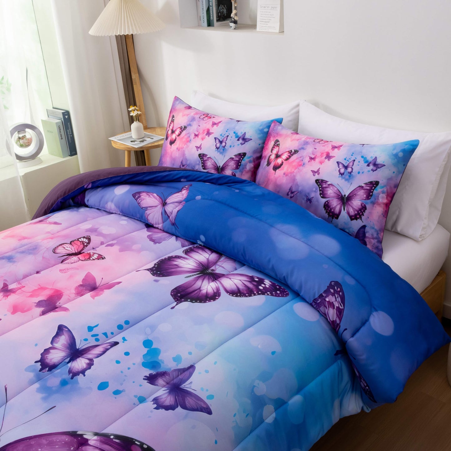 Btargot 3 Piece Butterfly Pattern Girls Comforter Set, Colorful Ink Stick Printing Bedding Set for Women, Pink Purple Full