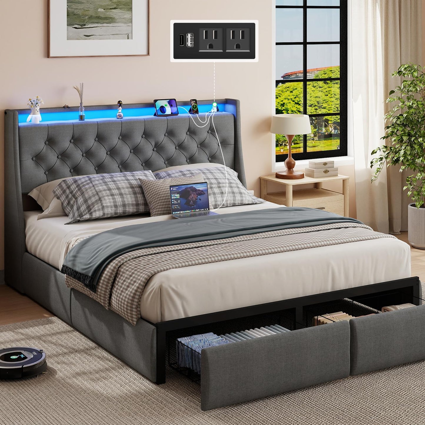 SADENICEL Full Size Bed Frame with Storage Headboard and 2 Drawer, Metal Full Bed Frame Platform with LED Light, Charging Station, No Box Spring Needed, Noise Free, Easy Assembly, Grey