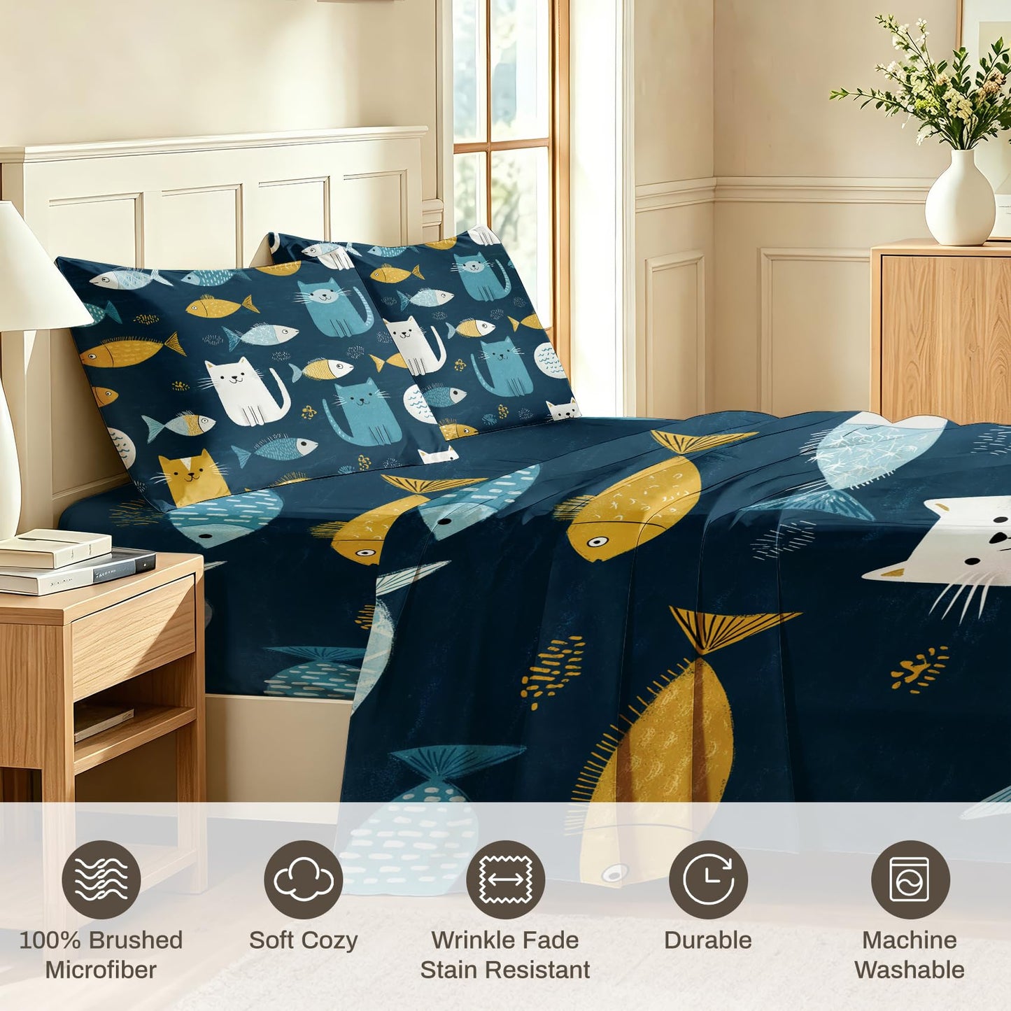 Cat and Fish Twin Bedding Set Kids Kitten Sheet Sets, Blue
