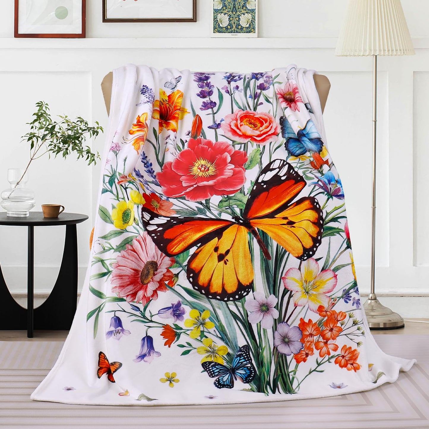 Floral Blanket Ultra Soft Butterfly Flowers Throw Blankets Wildflower Leaves Flannel Fleece Throw Watercolor Warm Cozy Fuzzy Plus Gift Cabin Blanket for Bed Sofa,60" X 80"