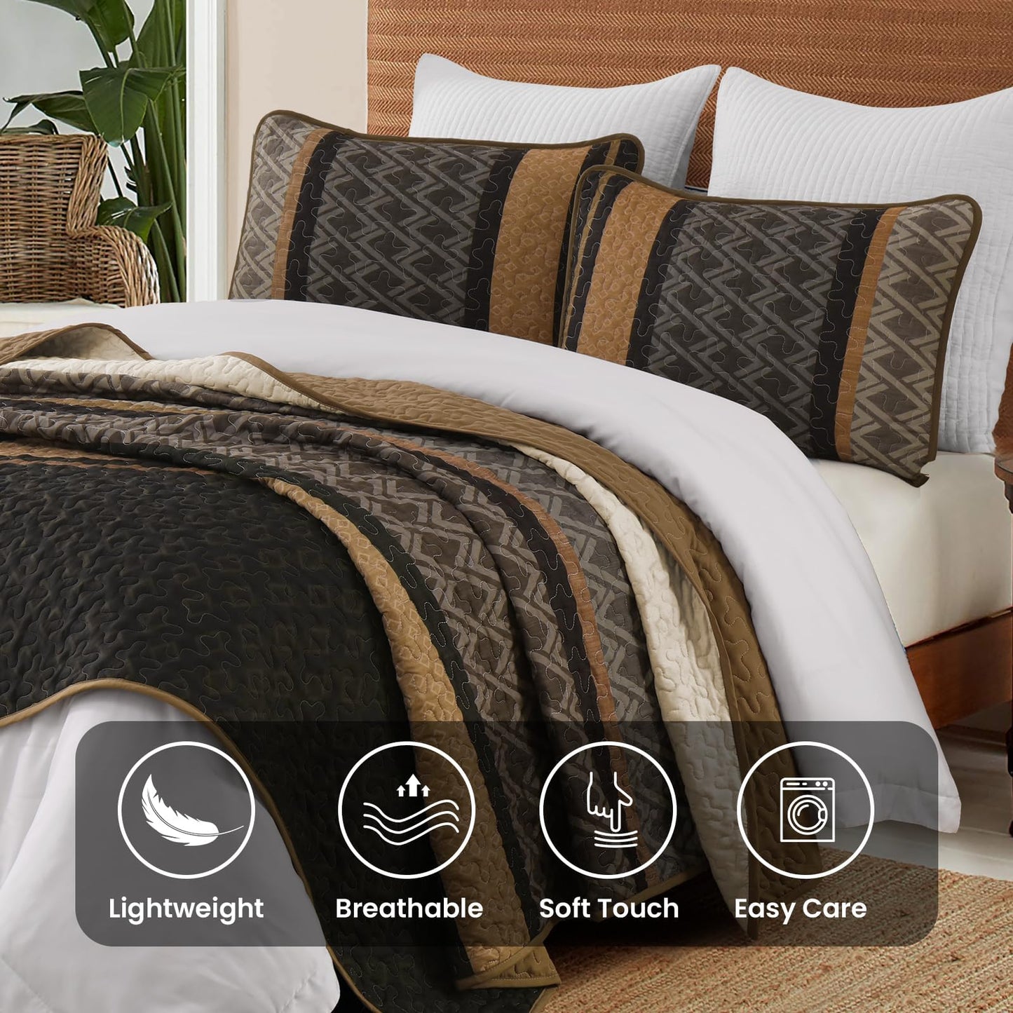 Dinjoy Queen Quilt Set Brown,Striped Bedspread Queen Size, Fall Bedding Sets 3 Pieces Micofiber Lightweight Quilts with 2 Pillow Shams Coverlet Bed Sets for Women Men 96''x90''