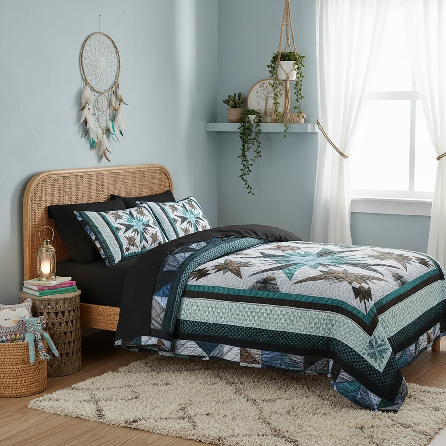 QOOMO Boho 7 Pieces Comforter Set Twin Size,Bohemia Bedding Set for Kids Teens Girls-Include 1 Comforter,1 Fitted Sheet,1 Flat Sheet,2 Printing Pillowcases and 2 Black Pillowcases